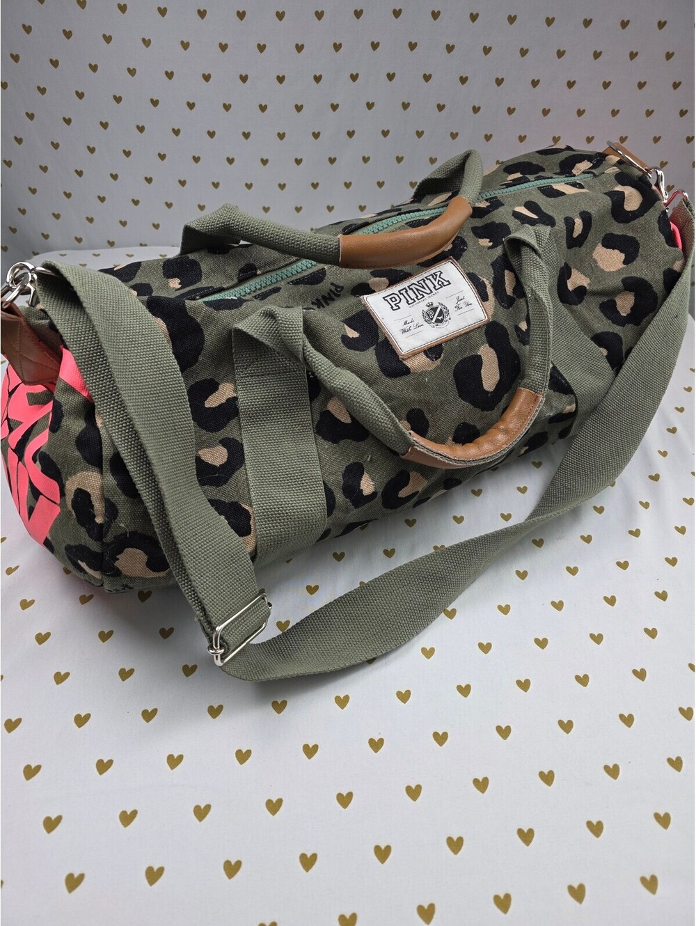 Victoria's Secret PINK Leopard Cheetah LOVE PINK Canvas Duffle Weekender Bag